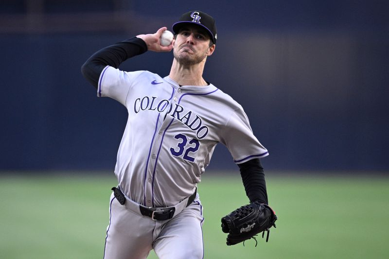 May 13, 2024; San Diego, California, USA; Colorado Rockies starting pitcher Dakota Hudson (32) throws a pitch against the San Diego Padres during the first inning at Petco Park. Mandatory Credit: Orlando Ramirez-USA TODAY Sports