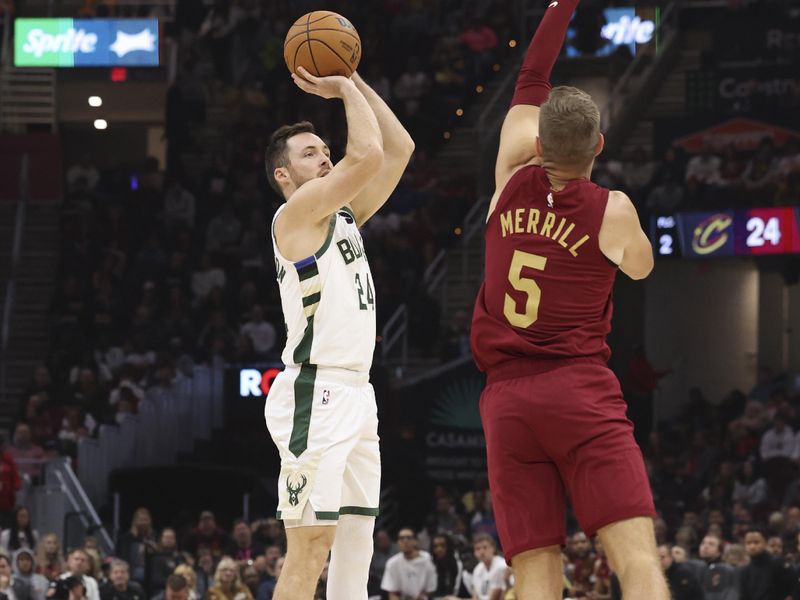 CLEVELAND, OH - NOVEMBER 4:  Pat Connaughton #24 of the Milwaukee Bucks shoots a three point basket during the game against the Cleveland Cavaliers on November 4, 2024 at Rocket Mortgage FieldHouse in Cleveland, Ohio. NOTE TO USER: User expressly acknowledges and agrees that, by downloading and/or using this Photograph, user is consenting to the terms and conditions of the Getty Images License Agreement. Mandatory Copyright Notice: Copyright 2024 NBAE (Photo by  Lauren Leigh Bacho/NBAE via Getty Images)