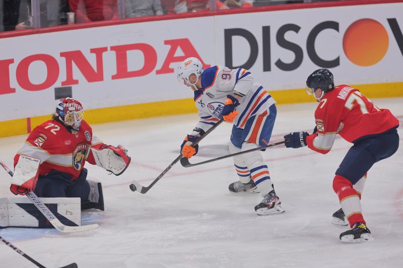 Jun 9, 2025; Sunrise, Florida, USA; Edmonton Oilers right wing Corey Perry (90) scores against Florida Panthers goaltender Sergei Bobrovsky (72) during the second period in game three of the 2025 Stanley Cup Final at Amerant Bank Arena. Mandatory Credit: Sam Navarro-Imagn Images
