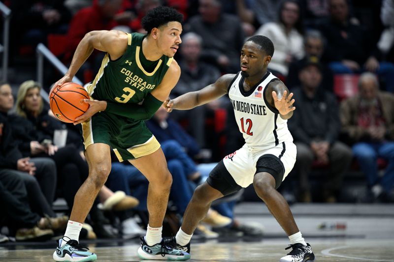 Feb 13, 2024; San Diego, California, USA; Colorado State Rams guard Josiah Strong (3) controls the ball while defended by San Diego State Aztecs guard Darrion Trammell (12) during the first half at Viejas Arena. Mandatory Credit: Orlando Ramirez-USA TODAY Sports