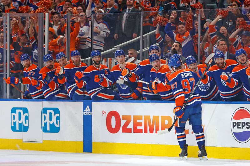 Jun 2, 2024; Edmonton, Alberta, CAN; Edmonton Oilers forward Connor McDavid (97) celebrates after scoring a goal against the Dallas Stars during the first period in game six of the Western Conference Final of the 2024 Stanley Cup Playoffs at Rogers Place. Mandatory Credit: Perry Nelson-USA TODAY Sports