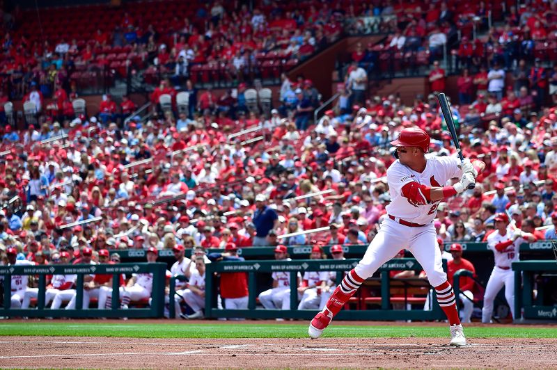 May 4, 2023; St. Louis, Missouri, USA;  St. Louis Cardinals right fielder Lars Nootbaar (21) bats against the Los Angeles Angels during the first inning at Busch Stadium. Mandatory Credit: Jeff Curry-USA TODAY Sports
