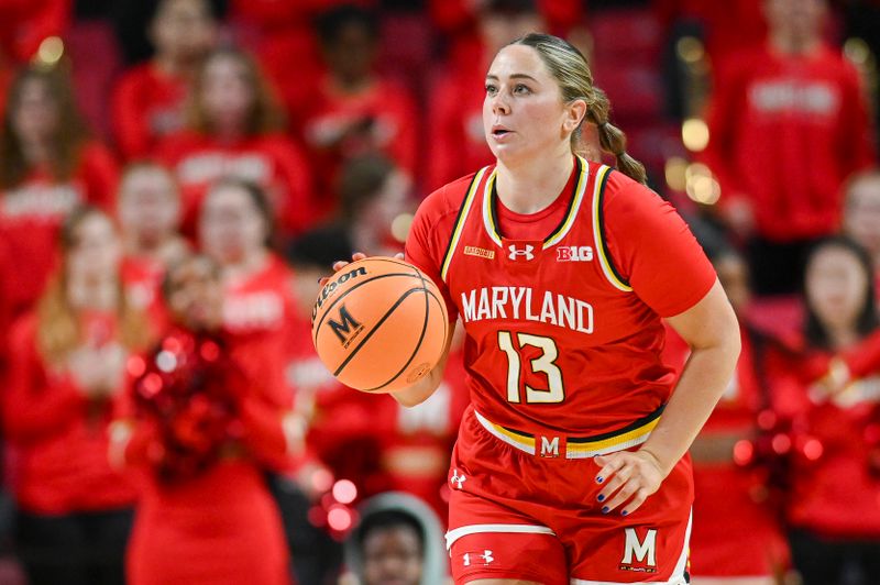 Feb 18, 2024; College Park, Maryland, USA;  Maryland Terrapins guard Faith Masonius (13) brings the ball uo the court during the second  half against the Penn State Nittany Lions at Xfinity Center. Mandatory Credit: Tommy Gilligan-USA TODAY Sports