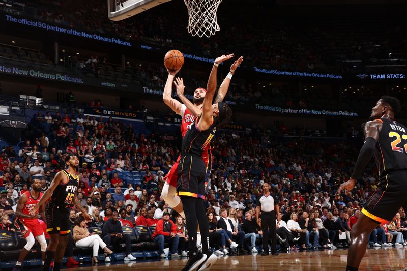 NEW ORLEANS, LA - DECEMBER 9: Larry Nance Jr. #22 of the New Orleans Pelicans drives to the basket during the game against the Phoenix Suns on December 9, 2022 at the Smoothie King Center in New Orleans, Louisiana. NOTE TO USER: User expressly acknowledges and agrees that, by downloading and or using this Photograph, user is consenting to the terms and conditions of the Getty Images License Agreement. Mandatory Copyright Notice: Copyright 2022 NBAE (Photo by Ned Dishman/NBAE via Getty Images)