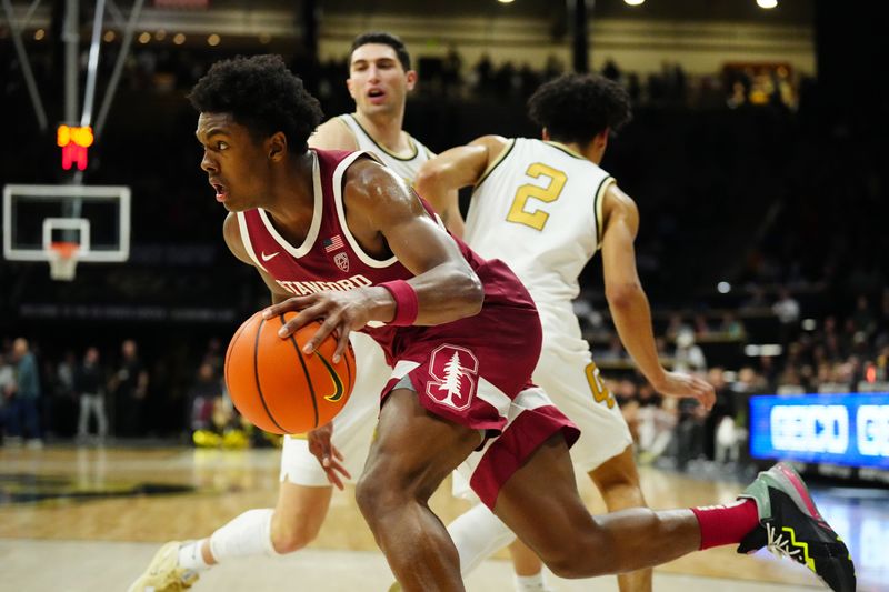 Feb 5, 2023; Boulder, Colorado, USA; Stanford Cardinal forward Harrison Ingram (55) drives to the net in the second half against the Colorado Buffaloes at the CU Events Center. Mandatory Credit: Ron Chenoy-USA TODAY Sports