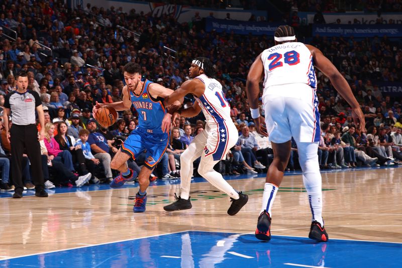 OKLAHOMA CITY, OK - MARCH 19: Chet Holmgren #7 of the Oklahoma City Thunder handles the ball during the game against the Philadelphia 76ers on March 19, 2025 at Paycom Center in Oklahoma City, Oklahoma. NOTE TO USER: User expressly acknowledges and agrees that, by downloading and or using this photograph, User is consenting to the terms and conditions of the Getty Images License Agreement. Mandatory Copyright Notice: Copyright 2025 NBAE (Photo by Zach Beeker/NBAE via Getty Images)