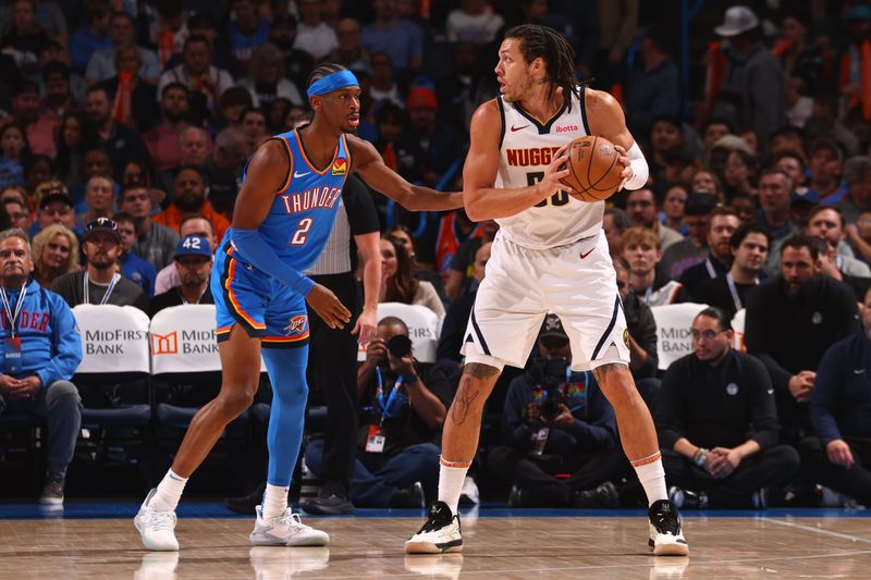 OKLAHOMA CITY, OK - JANUARY 31: Aaron Gordon #50 of the Denver Nuggets looks to pass the ball during the game against the Oklahoma City Thunder on January 31, 2024 at Paycom Arena in Oklahoma City, Oklahoma. NOTE TO USER: User expressly acknowledges and agrees that, by downloading and or using this photograph, User is consenting to the terms and conditions of the Getty Images License Agreement. Mandatory Copyright Notice: Copyright 2024 NBAE (Photo by Zach Beeker/NBAE via Getty Images)