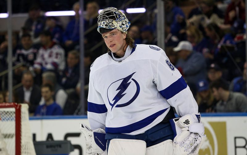 Apr 5, 2023; New York, New York, USA; Tampa Bay Lightning goalie Andrei Vasilevskiy (88) skates during a break against the New York Rangers during the first period at Madison Square Garden. Mandatory Credit: Danny Wild-USA TODAY Sports