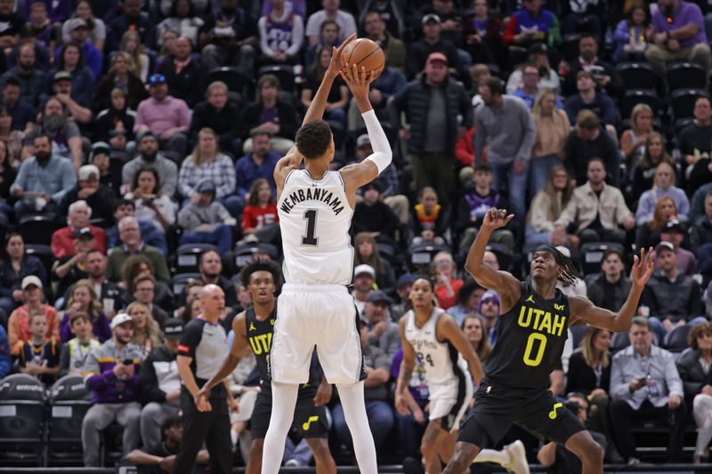 SALT LAKE CITY, UT - MARCH 27: Victor Wembanyama #1 of the San Antonio Spurs shoots the ball during the game against the Utah Jazz on March 27, 2024 at Delta Center in Salt Lake City, Utah. NOTE TO USER: User expressly acknowledges and agrees that, by downloading and or using this Photograph, User is consenting to the terms and conditions of the Getty Images License Agreement. Mandatory Copyright Notice: Copyright 2024 NBAE (Photo by Chris Nicoll/NBAE via Getty Images)