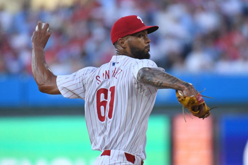 Jul 10, 2024; Philadelphia, Pennsylvania, USA; Philadelphia Phillies pitcher Cristopher Sánchez (61) throws a pitch during the first inning against the Los Angeles Dodgers at Citizens Bank Park. Mandatory Credit: Eric Hartline-USA TODAY Sports