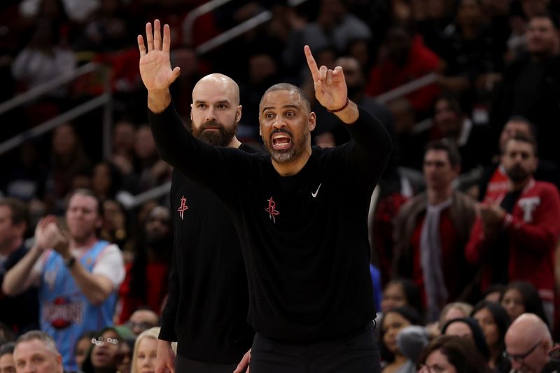 HOUSTON, TEXAS - JANUARY 20: Head coach Ime Udoka of the Houston Rockets reacts in the second half against the Utah Jazz at Toyota Center on January 20, 2024 in Houston, Texas.  NOTE TO USER: User expressly acknowledges and agrees that, by downloading and or using this photograph, User is consenting to the terms and conditions of the Getty Images License Agreement. (Photo by Tim Warner/Getty Images)