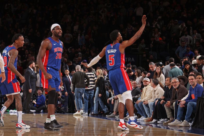 NEW YORK, NY - JANUARY 13: Malik Beasley #5 of the Detroit Pistons celebrates during the game against the New York Knicks on January 13, 2025 at Madison Square Garden in New York City, New York.  NOTE TO USER: User expressly acknowledges and agrees that, by downloading and or using this photograph, User is consenting to the terms and conditions of the Getty Images License Agreement. Mandatory Copyright Notice: Copyright 2025 NBAE  (Photo by Nathaniel S. Butler/NBAE via Getty Images)