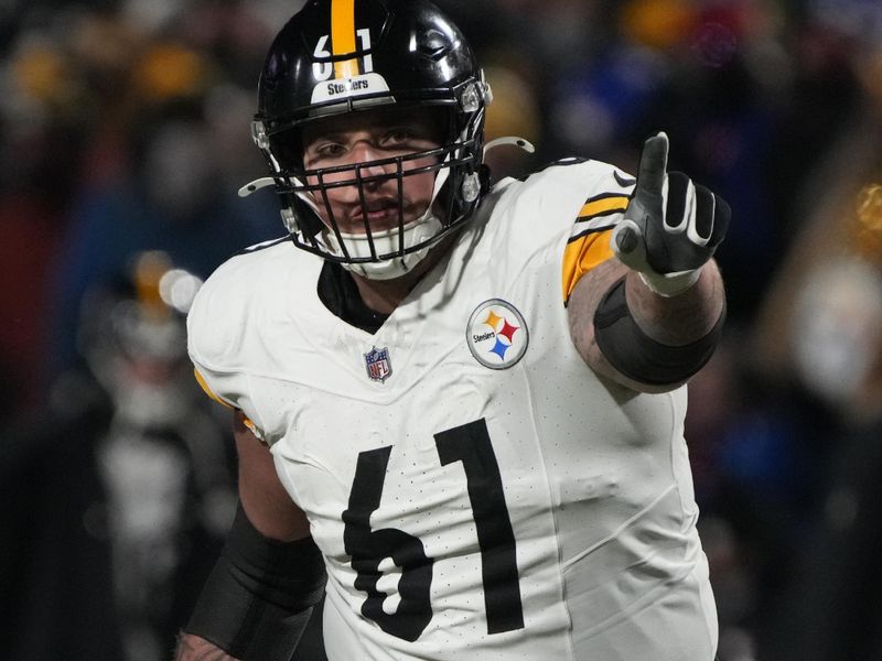 Pittsburgh Steelers center Mason Cole (61) line ups against the Buffalo Bills during an NFL wild-card playoff football game, Monday, Jan. 15, 2024 in in Orchard Park, NY. (AP Photo/Rick Scuteri)