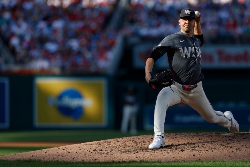 Sep 28, 2024; Washington, District of Columbia, USA; Washington Nationals pitcher MacKenzie Gore (1) pitches against the Philadelphia Phillies during the second inning at Nationals Park. Mandatory Credit: Geoff Burke-Imagn Images