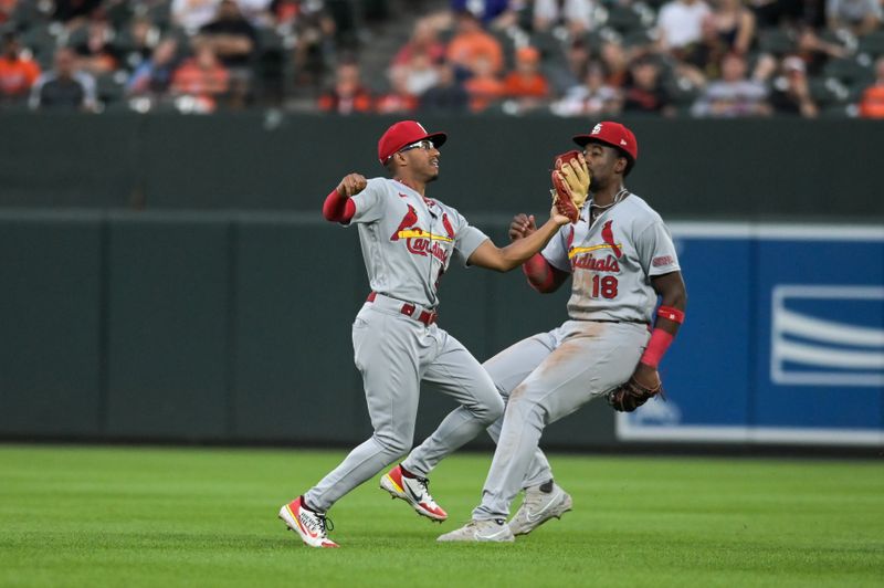 Sep 13, 2023; Baltimore, Maryland, USA; St. Louis Cardinals outfielder Richie Palacios (67) catches a fly ball in front of right fielder Jordan Walker (18) during the second inning against the Baltimore Orioles  at Oriole Park at Camden Yards. Mandatory Credit: Tommy Gilligan-USA TODAY Sports