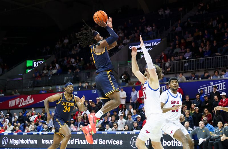 Jan 29, 2025; Dallas, Texas, USA;  California Golden Bears guard DJ Campbell (3) shoots over Southern Methodist Mustangs forward Matt Cross (33) during the second half at Moody Coliseum. Mandatory Credit: Kevin Jairaj-Imagn Images