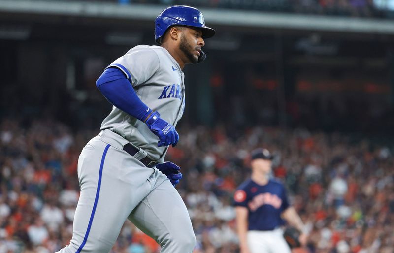 Sep 24, 2023; Houston, Texas, USA; Houston Astros starting pitcher Hunter Brown (58) reacts and Kansas City Royals right fielder Nelson Velazquez (17) rounds the bases after hitting his second home run of the game during the third inning at Minute Maid Park. Mandatory Credit: Troy Taormina-USA TODAY Sports