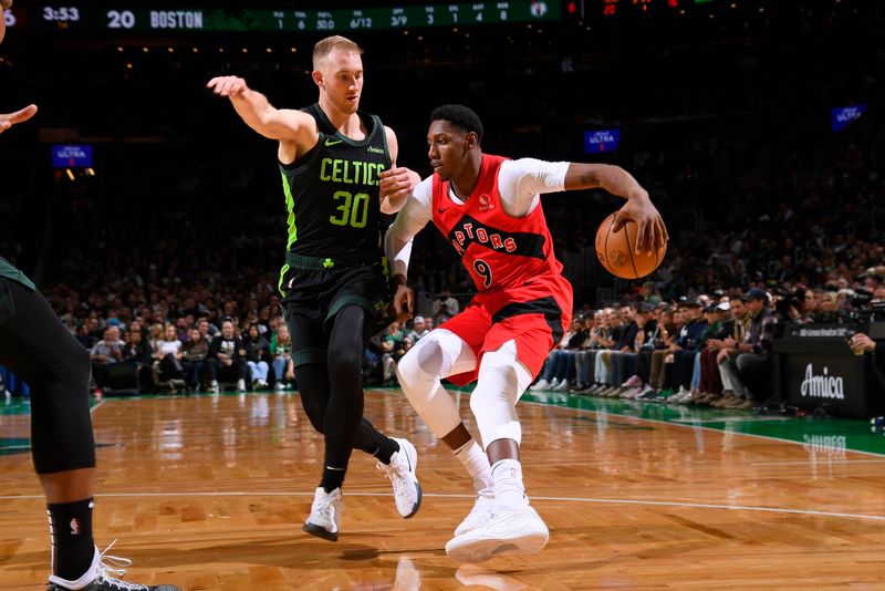 BOSTON, MA - NOVEMBER 16: RJ Barrett #9 of the Toronto Raptors dribbles the ball during the game against the Boston Celtics on November 16, 2024 at TD Garden in Boston, Massachusetts. NOTE TO USER: User expressly acknowledges and agrees that, by downloading and/or using this Photograph, user is consenting to the terms and conditions of the Getty Images License Agreement. Mandatory Copyright Notice: Copyright 2024 NBAE (Photo by Brian Babineau/NBAE via Getty Images)