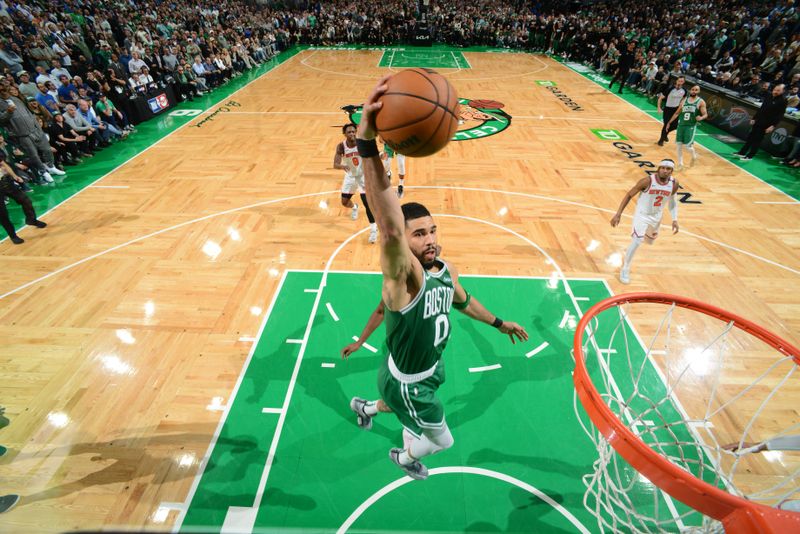 BOSTON, MA - MAY 7: Jayson Tatum #0 of the Boston Celtics dunks the ball during the game against the New York Knicks during Round 2 Game 2 on May 7, 2025 at TD Garden in Boston, Massachusetts. NOTE TO USER: User expressly acknowledges and agrees that, by downloading and/or using this Photograph, user is consenting to the terms and conditions of the Getty Images License Agreement. Mandatory Copyright Notice: Copyright 2025 NBAE (Photo by Brian Babineau/NBAE via Getty Images)