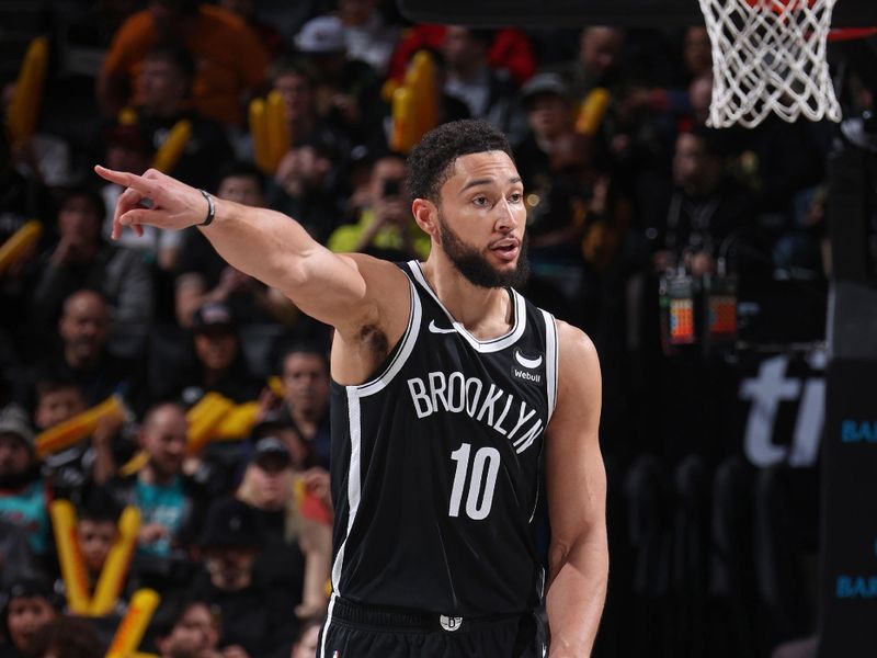 BROOKLYN, NY - FEBRUARY 10: Ben Simmons #10 of the Brooklyn Nets brings the ball up court during the game against the San Antonio Spurs on February 10, 2024 at Barclays Center in Brooklyn, New York. NOTE TO USER: User expressly acknowledges and agrees that, by downloading and or using this Photograph, user is consenting to the terms and conditions of the Getty Images License Agreement. Mandatory Copyright Notice: Copyright 2024 NBAE (Photo by Nathaniel S. Butler/NBAE via Getty Images)