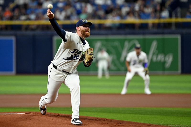 Aug 9, 2024; St. Petersburg, Florida, USA; Tampa Bay Rays starting pitcher Zack Littell (52) throws a pitch in the first inning against the Baltimore Orioles at Tropicana Field. Mandatory Credit: Jonathan Dyer-USA TODAY Sports