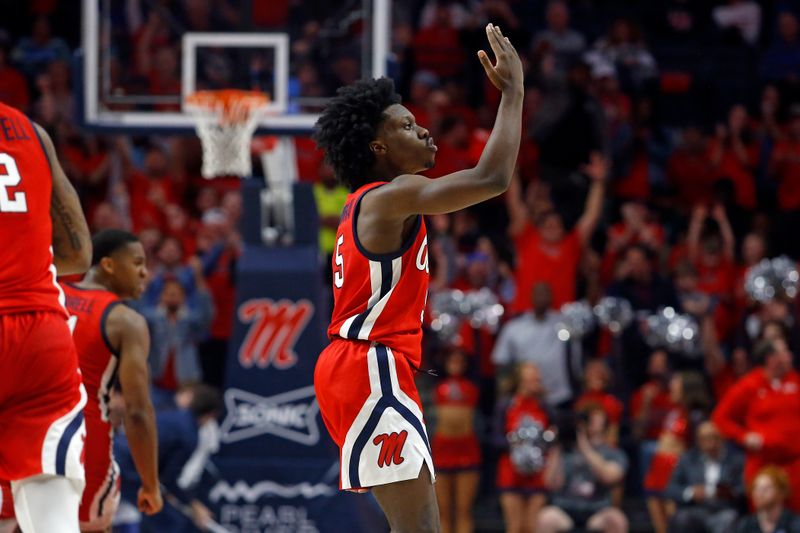 Dec 2, 2023; Oxford, Mississippi, USA; Mississippi Rebels guard Jaylen Murray (5) blows a kiss toward the fans during the second half against the Memphis Tigers at The Sandy and John Black Pavilion at Ole Miss. Mandatory Credit: Petre Thomas-USA TODAY Sports