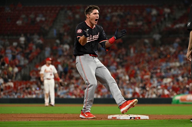 Jul 26, 2024; St. Louis, Missouri, USA; Washington Nationals center fielder Jacob Young (30) reacts after hitting a three-run triple against the St. Louis Cardinals during the tenth inning at Busch Stadium. Mandatory Credit: Jeff Le-USA TODAY Sports