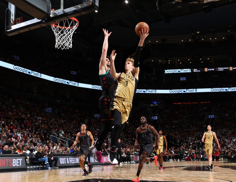 TORONTO, CANADA - APRIL 7: Gradey Dick #1 of the Toronto Raptors drives to the basket during the game against the Washington Wizards on April 7, 2024 at the Scotiabank Arena in Toronto, Ontario, Canada.  NOTE TO USER: User expressly acknowledges and agrees that, by downloading and or using this Photograph, user is consenting to the terms and conditions of the Getty Images License Agreement.  Mandatory Copyright Notice: Copyright 2024 NBAE (Photo by Vaughn Ridley/NBAE via Getty Images)