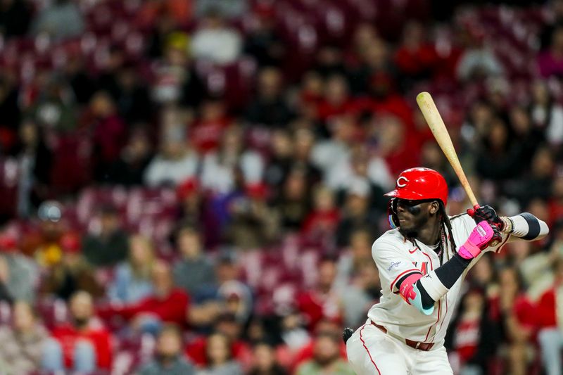 Apr 9, 2024; Cincinnati, Ohio, USA; Cincinnati Reds shortstop Elly De La Cruz (44) at bat during the eighth inning against the Milwaukee Brewers at Great American Ball Park. Mandatory Credit: Katie Stratman-USA TODAY Sports