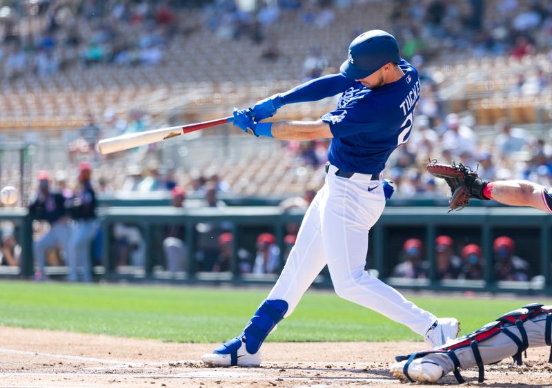 Feb 24, 2026; Phoenix, Arizona, USA; Los Angeles Dodgers outfielder Kyle Tucker against the Cleveland Guardians during a spring training game at Camelback Ranch-Glendale. Mandatory Credit: Mark J. Rebilas-Imagn Images