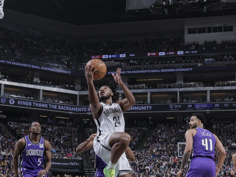 SACRAMENTO, CA - NOVEMBER 24: Cam Thomas #24 of the Brooklyn Nets shoots the ball during the game against the Sacramento Kings on November 24, 2024 at Golden 1 Center in Sacramento, California. NOTE TO USER: User expressly acknowledges and agrees that, by downloading and or using this Photograph, user is consenting to the terms and conditions of the Getty Images License Agreement. Mandatory Copyright Notice: Copyright 2024 NBAE (Photo by Rocky Widner/NBAE via Getty Images)