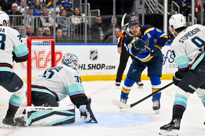 Feb 25, 2025; St. Louis, Missouri, USA;  St. Louis Blues center Robert Thomas (18) tips the puck out of the air and scores against Seattle Kraken goaltender Joey Daccord (35) during the second period at Enterprise Center. Mandatory Credit: Jeff Curry-Imagn Images