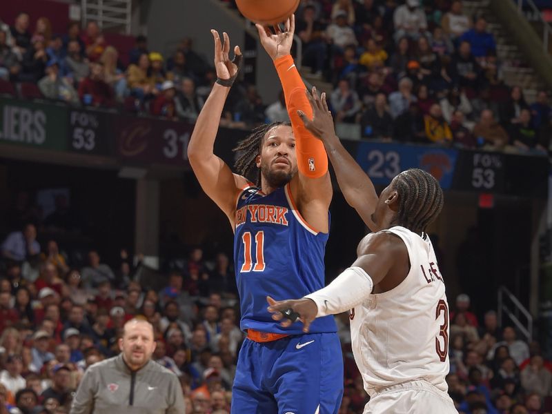 CLEVELAND, OH - MARCH 31:  Jalen Brunson #11 of the New York Knicks shoots the ball during the game on March 31, 2023 at Rocket Mortgage FieldHouse in Cleveland, Ohio. NOTE TO USER: User expressly acknowledges and agrees that, by downloading and/or using this Photograph, user is consenting to the terms and conditions of the Getty Images License Agreement. Mandatory Copyright Notice: Copyright 2023 NBAE (Photo by David Liam Kyle/NBAE via Getty Images)