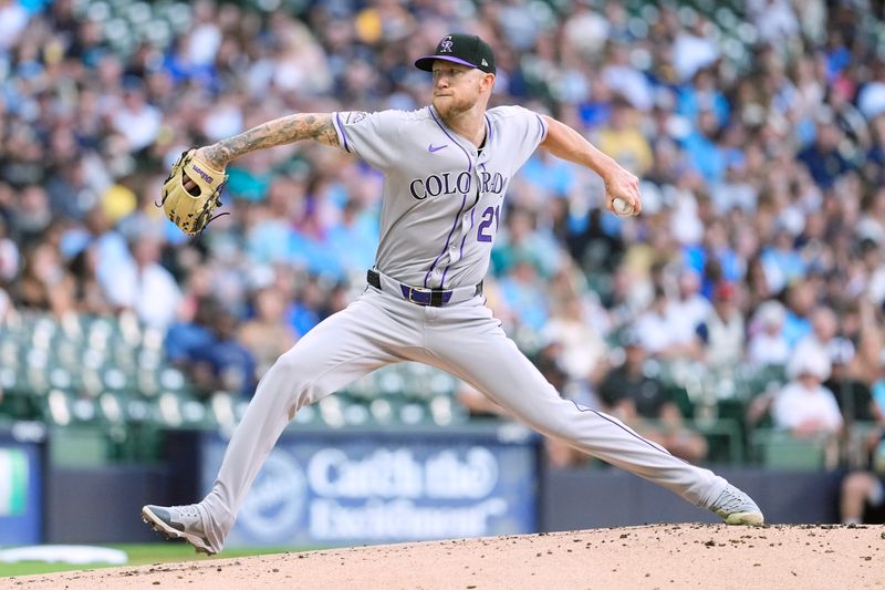 Jun 27, 2025; Milwaukee, Wisconsin, USA;  Colorado Rockies pitcher Kyle Freeland (21) throws a pitch during the first inning against the Milwaukee Brewers at American Family Field. Mandatory Credit: Jeff Hanisch-Imagn Images