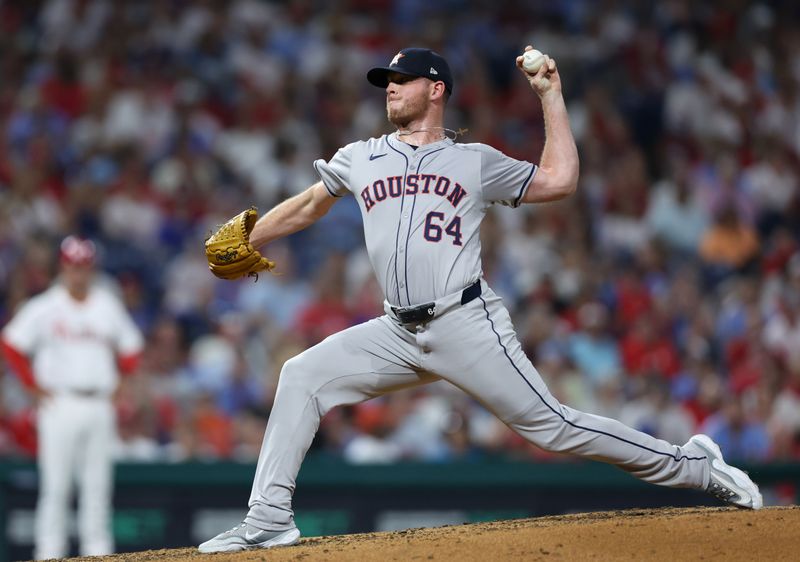 Aug 27, 2024; Philadelphia, Pennsylvania, USA; Houston Astros pitcher Caleb Ferguson (64) throws a pitch during the seventh inning against the Philadelphia Phillies at Citizens Bank Park. Mandatory Credit: Bill Streicher-USA TODAY Sports