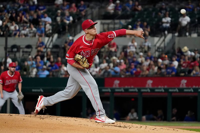 Sep 6, 2024; Arlington, Texas, USA; Los Angeles Angels pitcher Samuel Aldegheri (66) throws to the plate during the first inning against the Texas Rangers at Globe Life Field. Mandatory Credit: Raymond Carlin III-Imagn Images