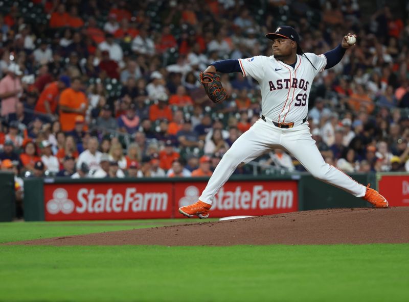 Sep 24, 2024; Houston, Texas, USA;  Houston Astros starting pitcher Framber Valdez (59) pitches against the Seattle Mariners in the first inning at Minute Maid Park. Mandatory Credit: Thomas Shea-Imagn Images