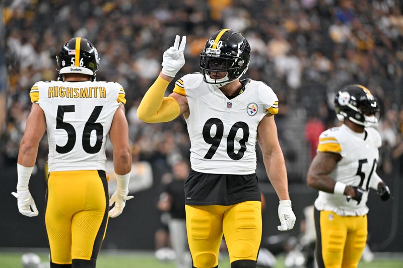 Pittsburgh Steelers linebacker T.J. Watt warms up before an NFL football game against the Las Vegas Raiders Sunday, Sept. 24, 2023, in Las Vegas. (AP Photo/David Becker)