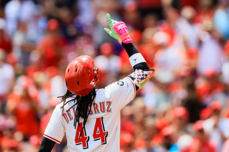 May 15, 2025; Cincinnati, Ohio, USA; Cincinnati Reds shortstop Elly De La Cruz (44) reacts after hitting a solo home run in the third inning against the Chicago White Sox at Great American Ball Park. Mandatory Credit: Katie Stratman-Imagn Images
