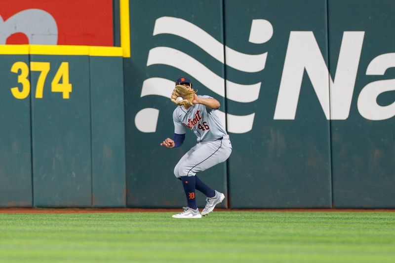 Jun 4, 2024; Arlington, Texas, USA; Detroit Tigers outfielder Wenceel Pérez (46) catches a line drive during the first inning against the Texas Rangers at Globe Life Field. Mandatory Credit: Andrew Dieb-USA TODAY Sports