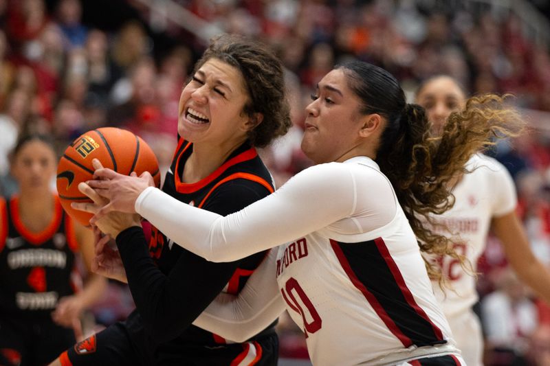 Jan 21, 2024; Stanford, California, USA; Oregon State Beavers guard Talia von Oelhoffen (22) drives to the basket against Stanford Cardinal guard Talana Lepolo (10) during the second quarter at Maples Pavilion. Mandatory Credit: D. Ross Cameron-USA TODAY Sports