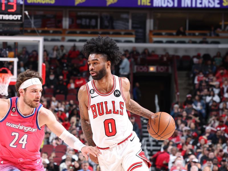 CHICAGO, IL - FEBRUARY 26: Coby White #0 of the Chicago Bulls dribbles the ball during the game against the Washington Wizards on February 26, 2023 at United Center in Chicago, Illinois. NOTE TO USER: User expressly acknowledges and agrees that, by downloading and or using this photograph, User is consenting to the terms and conditions of the Getty Images License Agreement. Mandatory Copyright Notice: Copyright 2023 NBAE (Photo by Jeff Haynes/NBAE via Getty Images)