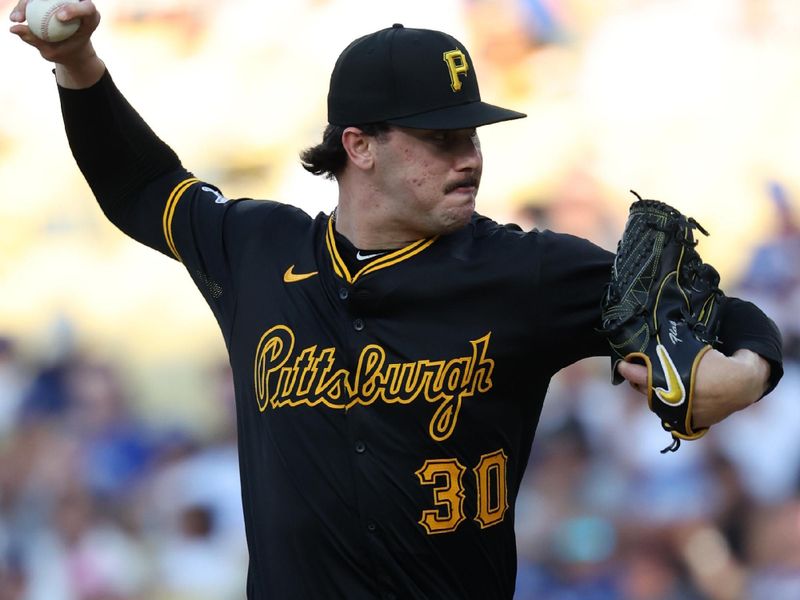 Aug 10, 2024; Los Angeles, California, USA;  Pittsburgh Pirates starting pitcher Paul Skenes (30) pitches during the second inning against the Los Angeles Dodgers at Dodger Stadium. Mandatory Credit: Kiyoshi Mio-USA TODAY Sports