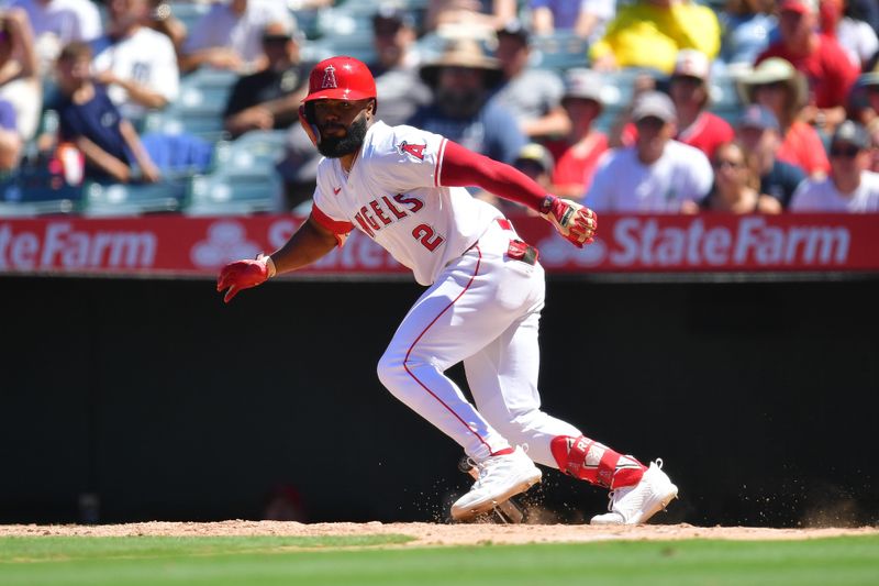 Jun 27, 2024; Anaheim, California, USA; Los Angeles Angels second baseman Luis Rengifo (2) runs after hitting a double against the Detroit Tigers during the sixth inning at Angel Stadium. Mandatory Credit: Gary A. Vasquez-USA TODAY Sports