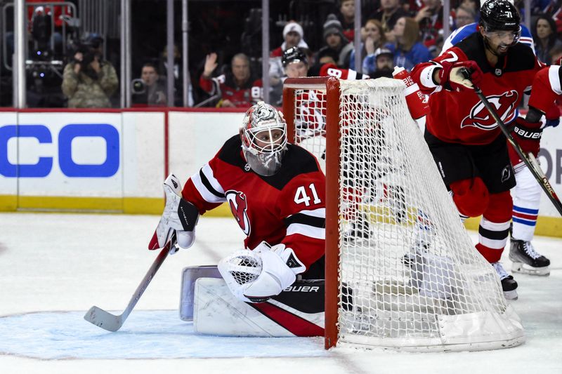 Nov 18, 2023; Newark, New Jersey, USA; New Jersey Devils goaltender Vitek Vanecek (41) tends net against the New York Rangers during the third period at Prudential Center. Mandatory Credit: John Jones-USA TODAY Sports