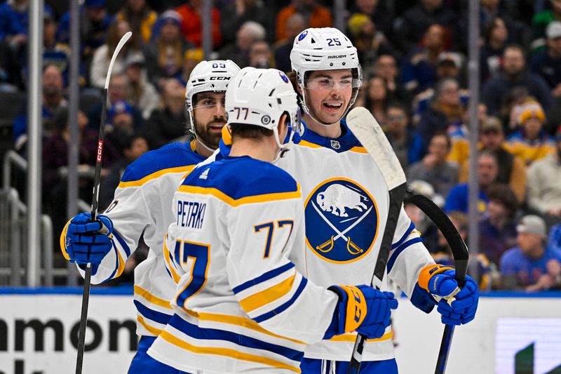 Jan 24, 2023; St. Louis, Missouri, USA;  Buffalo Sabres defenseman Owen Power (25) celebrates with right wing JJ Peterka (77) and right wing Alex Tuch (89) after scoring against the St. Louis Blues during the first period at Enterprise Center. Mandatory Credit: Jeff Curry-USA TODAY Sports