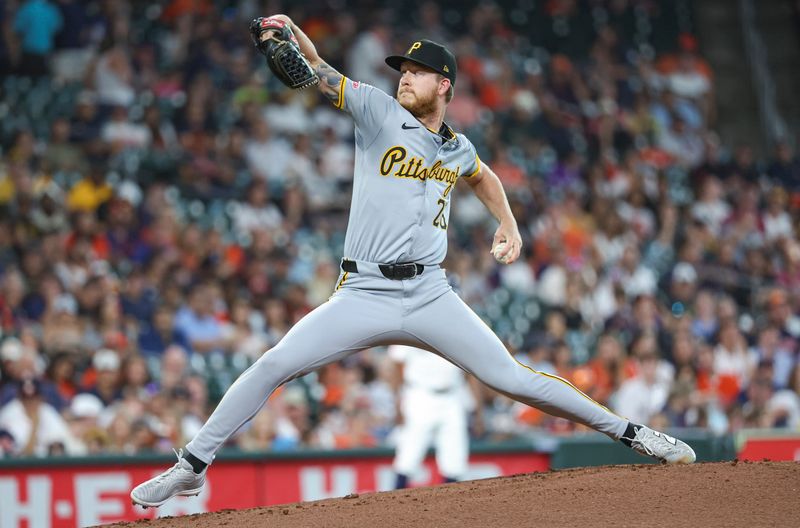Jul 30, 2024; Houston, Texas, USA; Pittsburgh Pirates starting pitcher Bailey Falter (26) delivers a pitch during the first inning against the Houston Astros at Minute Maid Park. Mandatory Credit: Troy Taormina-USA TODAY Sports
