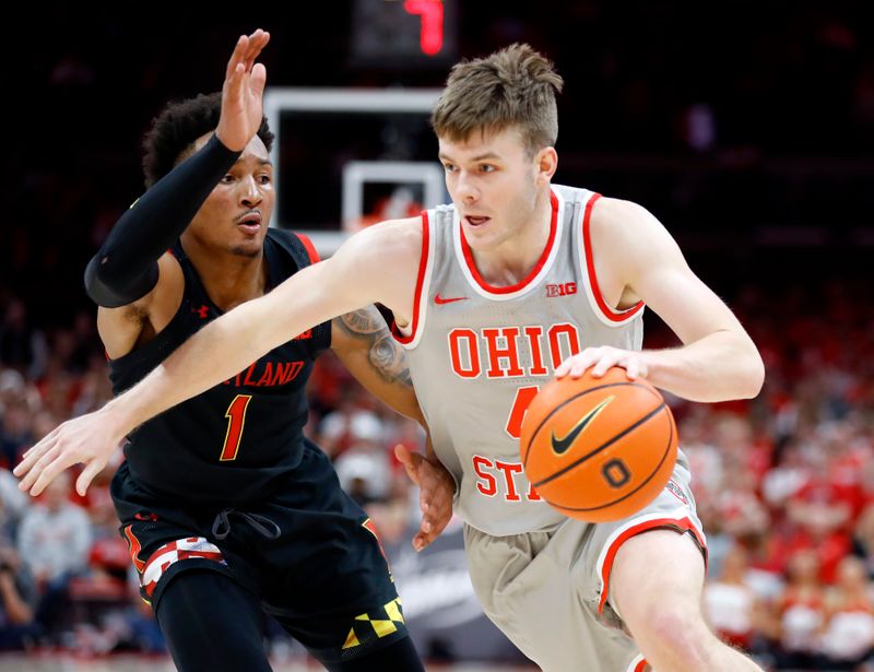 Mar 1, 2023; Columbus, Ohio, USA;  Ohio State Buckeyes guard Sean McNeil (4) dribbles past Maryland Terrapins guard Jahmir Young (1) during the second half at Value City Arena. Mandatory Credit: Joseph Maiorana-USA TODAY Sports