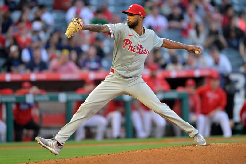 Apr 29, 2024; Anaheim, California, USA; Philadelphia Phillies starting pitcher Cristopher Sanchez (61) delivers to the plate in the second inning against the Los Angeles Angels at Angel Stadium. Mandatory Credit: Jayne Kamin-Oncea-USA TODAY Sports