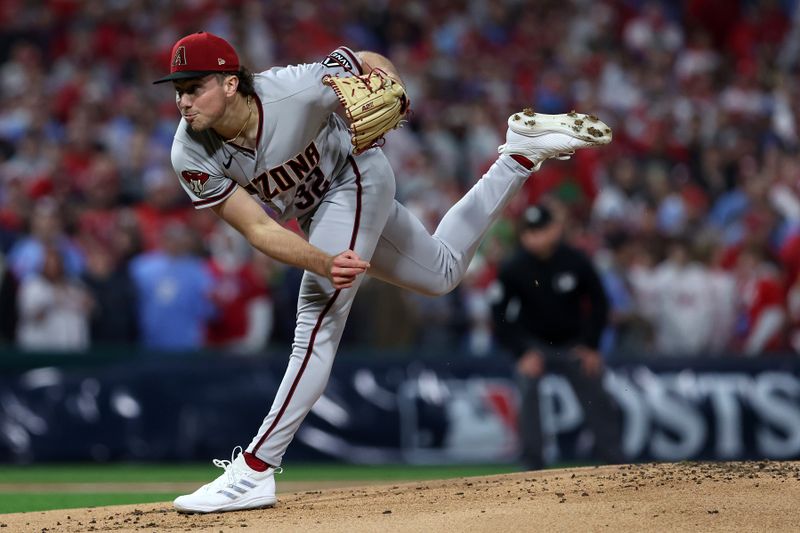 Oct 24, 2023; Philadelphia, Pennsylvania, USA; Arizona Diamondbacks starting pitcher Brandon Pfaadt (32) throws a pitch against the Philadelphia Phillies in the first inning for game seven of the NLCS for the 2023 MLB playoffs at Citizens Bank Park. Mandatory Credit: Bill Streicher-USA TODAY Sports